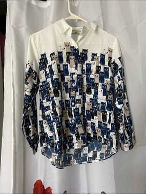 White Button-Down Shirt with Navy & Black Cat Print